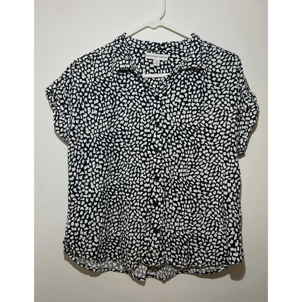 Alexander Jordan Black White Print Short Sleeve Blouse Top Casual Women's M